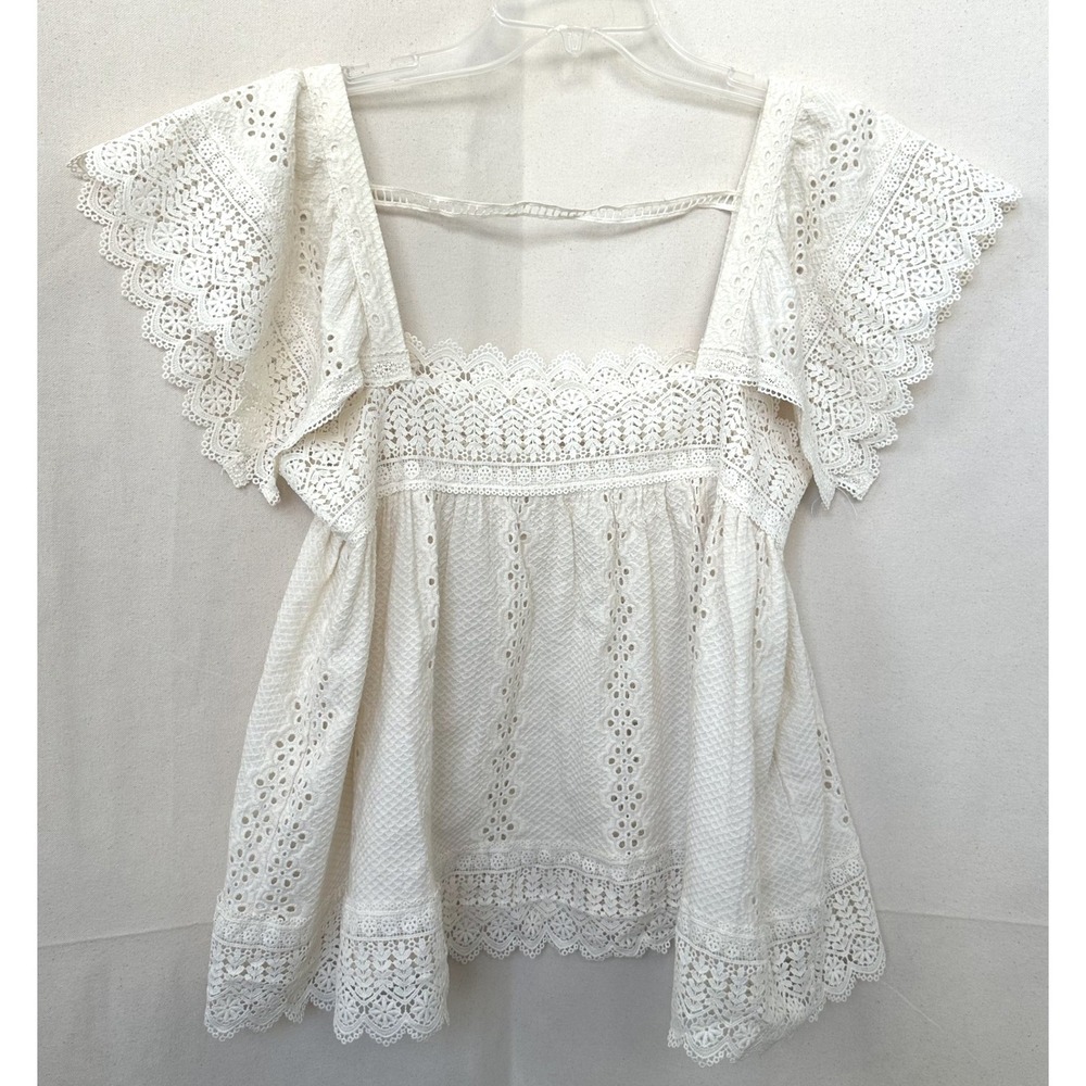 Ellison Peasant Ivory Eyelet Lace Babydoll Blouse Flutter Sleeve Square Neck S
